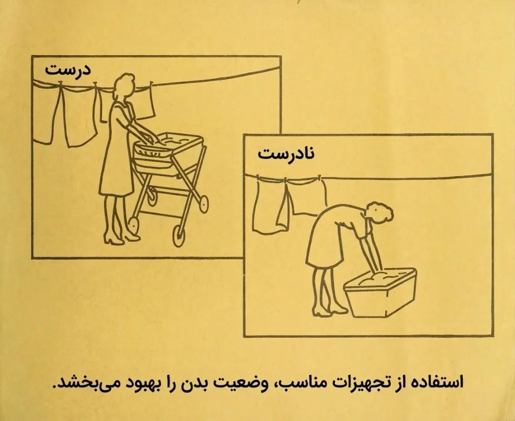 وضعیت بدن زن درحالت درست و نادرست در هنگام پهن کردن لباس