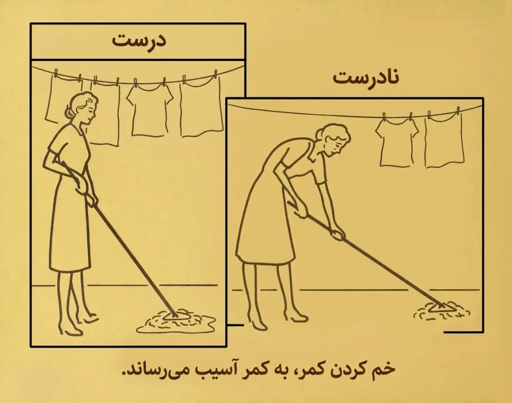 وضعیت بدن زن درحالت درست و نادرست در هنگام طی و جارو کشیدن